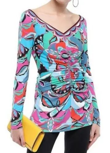 Emilio Pucci Colorful Silk Blend V-Neck Long Sleeve Ruched Women's Top