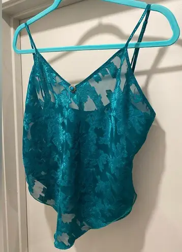 VTG 80s 90s Colesce Collection Lingerie Semi Sheer Green Floral Cropped Cami Top Blue Size L