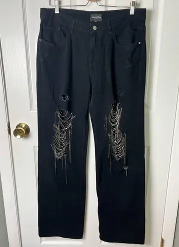 Retrofête Retrofete Black Cotton Embellished Rhinestone Drape Marlowe Straight Jean 29