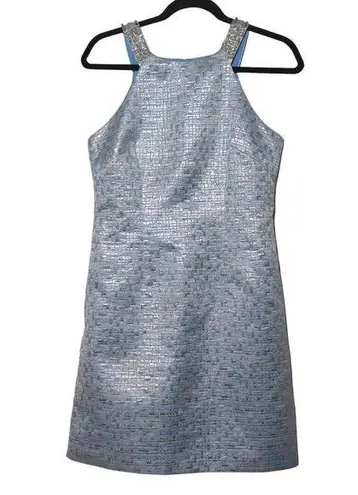 Aidan Mattox Aidan Dress Blue Metallic Embellished Stretch Zip Straps Mini 8