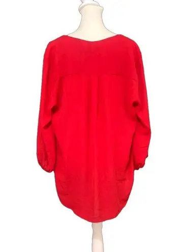 Pleione Red Flowy 3/4 Elastic Cuffed Sleeve Business Casual V-Neck Blouse