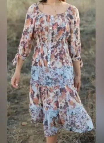 Fig and flower anthropology Floral Long Sleeve Dress with Tie Cuffs size XL Pink