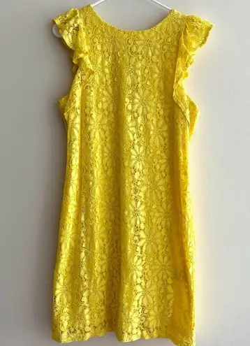 London Times Yellow Floral Sheath Dress, Crochet Lace Ruffle Dress, Size 10