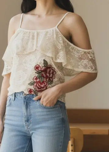 Bluebell Tank Top Lace Ruffle White Floral Embroidered Size XS