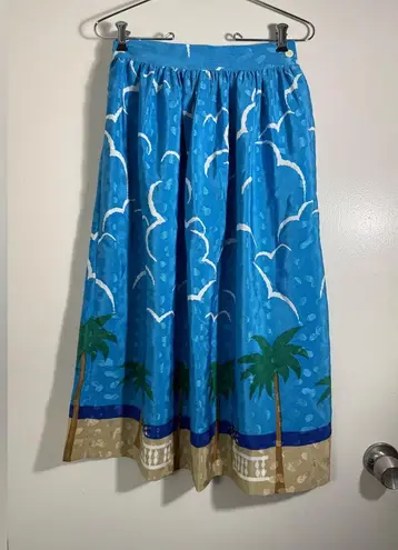 MGM vintage Blue Tropical Print midi Skirt, palm trees, beach. S