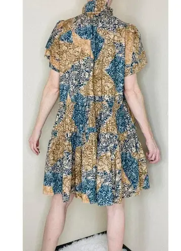 Hunter Bell Blue & Brown Floral Patchwork Mini Babydoll Dress