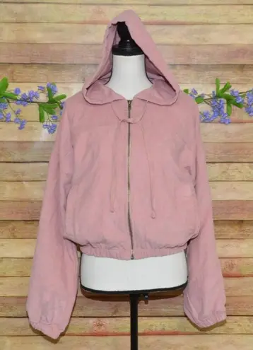 MINE Ladies Dusty Rose Pink Crop Corduroy Hooded Jacket Size L Full Zip Hoodie Size L