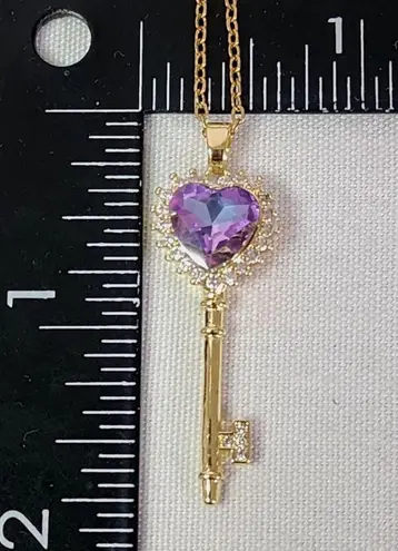 Gold Chain Necklace with AB CZ Purple Heart Key Pendant