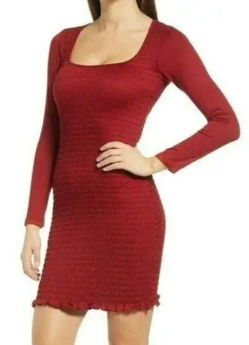 Row A Deep Red Smocked Square Neck LongSleeve Bodycon MiniDress