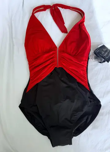 Magicsuit by Miraclesuit Red Black One Piece Swimsuit Tummy Control Look Slimmer Size 8