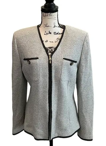 St. John Collection Tweed Knit Blazer Jacket Blue Size 12 zip formal luxury