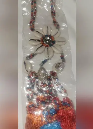 Mia Necklace Tassel Faux Seashells Long Boho Whimsy Colorful Blue