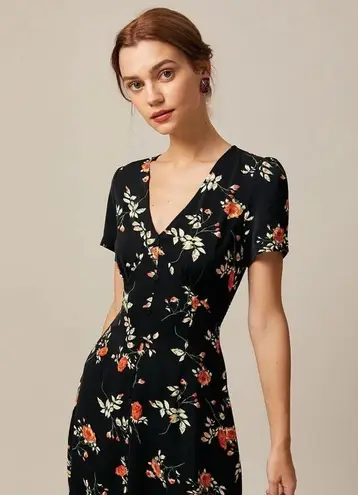 RIHOAS The Black V Neck Floral Button Up Mini Dress 15 Size M