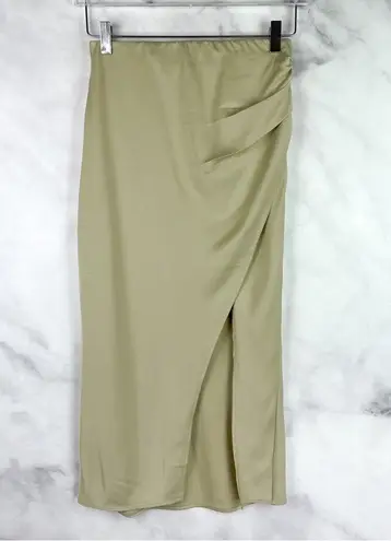 Oak + Fort Satin Midi Slip Skirt High Waisted Front Slit Bias Cut Elm Sage Green