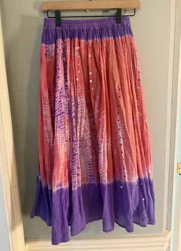 Boho Tie Dye Sequin Crinkle Maxi Skirt Pink Purple Elastic Waist Festival S/M Size undefined