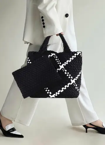 Ahdorned Black White Lily Woven Neoprene Large Tote With Pouch Purse Shoulder Bag