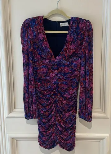 REBECCA VALLANCE Cherry Bomb Floral Print Shirred Long Sleeve Mini Dress 2 NWOT Purple