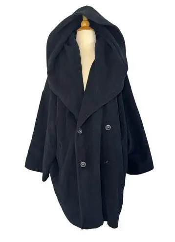 Vintage MARELLA ITALY Wool Angora Shawl Hooded Collar Coat Jacket Size 10 Black