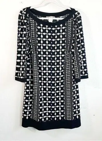Laundry by Design Dress Black White Blue Patterned Boat Neck Dress Sz XL GUC