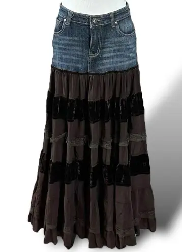 Vintage Y2K Rosa & Rose Maxi Skirt Small Denim Tiered Velvet Lace Fairy Grunge Blue