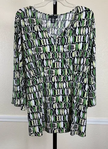 Apostrophe Plus Size 1X 2X Blouse Green Black White V Neck Stretch Top Workwear