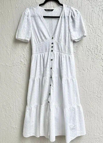 ZARA  Short Sleeve Eyelet Button Front Tiered Midi Dress White Womens Size Medium