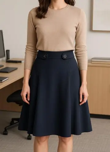 Karen Millen Navy Blue A-Line Flared Skirt US 6 | Button Waist Detail | Elegant