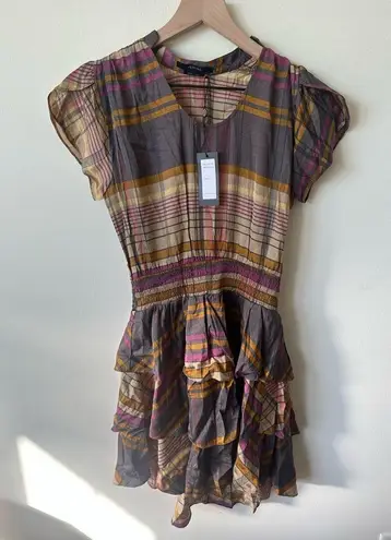Vertigo Paris NWT Vertigo Brown Tan Striped Dress Layered Skirt Ruffles Split Sleeves XS