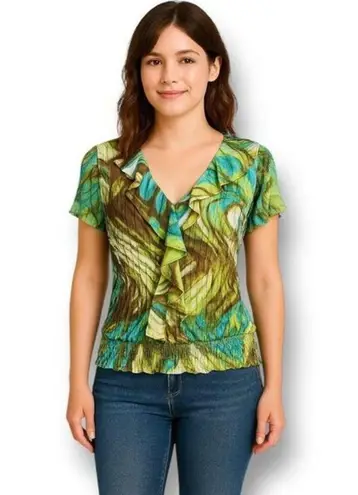 Allison Taylor M Green Brown V-Neck Ruffle Blouse Boho Festival Y2K Flowy Summer