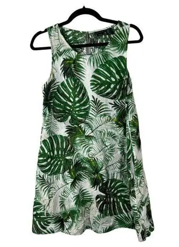 Tahari 100% Linen Tropical Leaves Monstera Shift Dress Sleeveless Small
