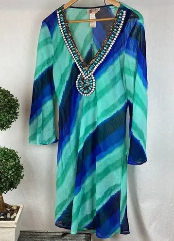 Roulette Blue & Green Print Sequins Embellished Long Sleeve Swim Cover Dress 14