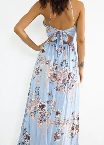 Light Blue Floral High Neck Open Back Maxi Dress