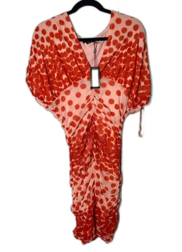 Vertigo NWT Polka Dots Printed V-Neck Short sleeve Ruched Bodycon Dress Size L