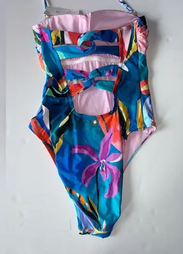 Sunshine 79 Women’s Abstract colorful strapless one piece Blue Size 10