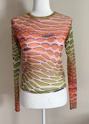 Vintage Y2K OMIGHTY Sheer Mesh Top Small Fairy Grunge Green Pink Graphic T Pink