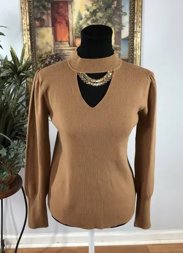 AZ Women’s Tan Cutout Sweater Long Sleeve Ribbed Knit Viscose Blend Small Preppy Size M