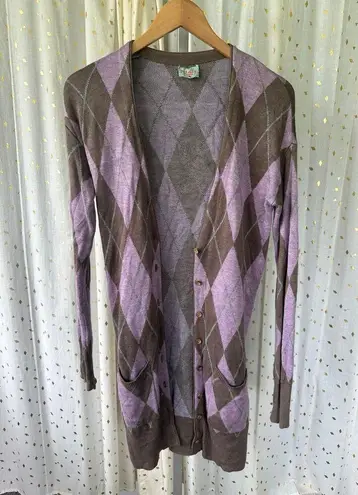 Plenty By Tracy Reese Brown Lavender Argyle Button Down Duster Long Cardigan S