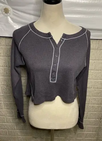 Intimately Free People Grey Waffle Knit Cropped Henley Long Sleeve Top Size XS Gray