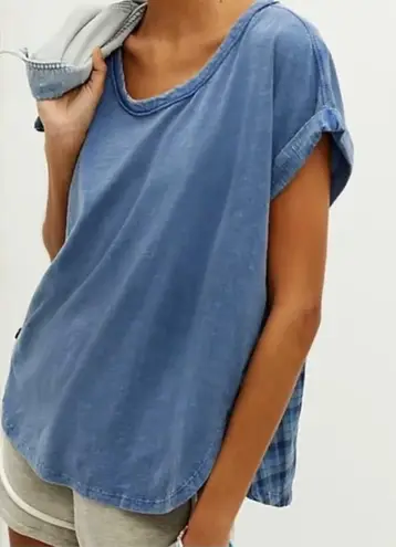 Pilcro Anthropologie Blue Mixed Media Plaid Short Sleeve Cuffed T-Shirt Size XS