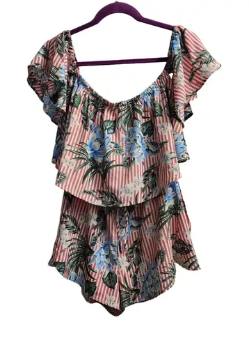 LAtiste By Amy Rompers Womens Size Small Floral Stripe Ruffled OffShoulder Boho Red