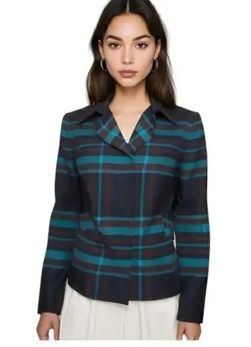 Hugo Boss Blue/brown/navy Plaid Virgin Wool Snap Buttons Blazer size 6