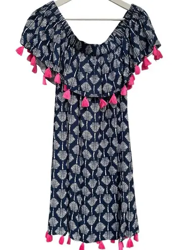 Escapada Living Monica Dress Boho Tassel Size Large Navy Hot Pink Palm Print EUC