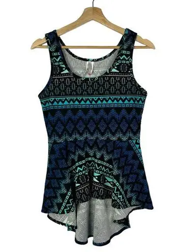 Discreet Black & Blue Printed Peplum High Low Tank Top L