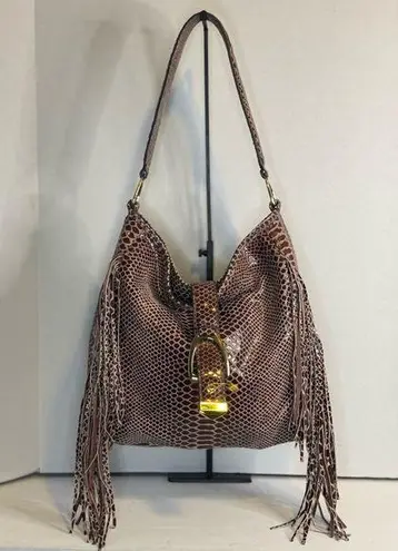 G.I.L.I.Snake Fringe Stirrup Shoulder Red/Brown Patent Suede Bag.