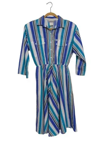Vintage 80s Western Striped Button Down Dress Long Sleeve Collared Cowgirl Blue Size 14