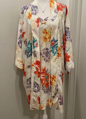VTG 90s 80s Expressions Ivory White Floral Bathrobe Robe & Cami Mini Slip Dress Size M