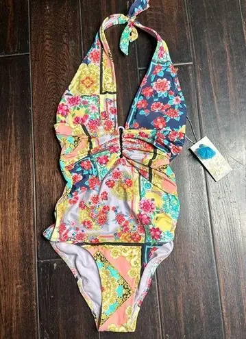 Johnny Was One piece halter top bathing suit swimsuit pool Beach Resort BoHo coastal