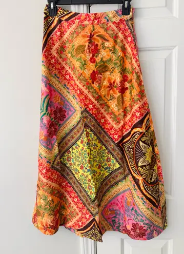 Farm Rio Mixed Scarves Satin Slip Midi Skirt, Size XS