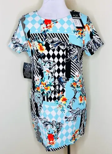AX Paris NWT Shift Dress 6 Blue Abstract Floral Mini Tropical Chic Casual Sheath