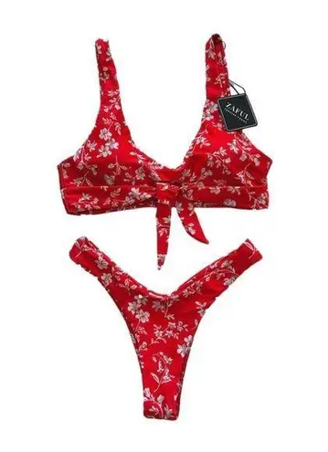 Zaful  Bikini Set Red White Floral Knot Cheeky Two Piece Swim Bikini Size 4 NEW